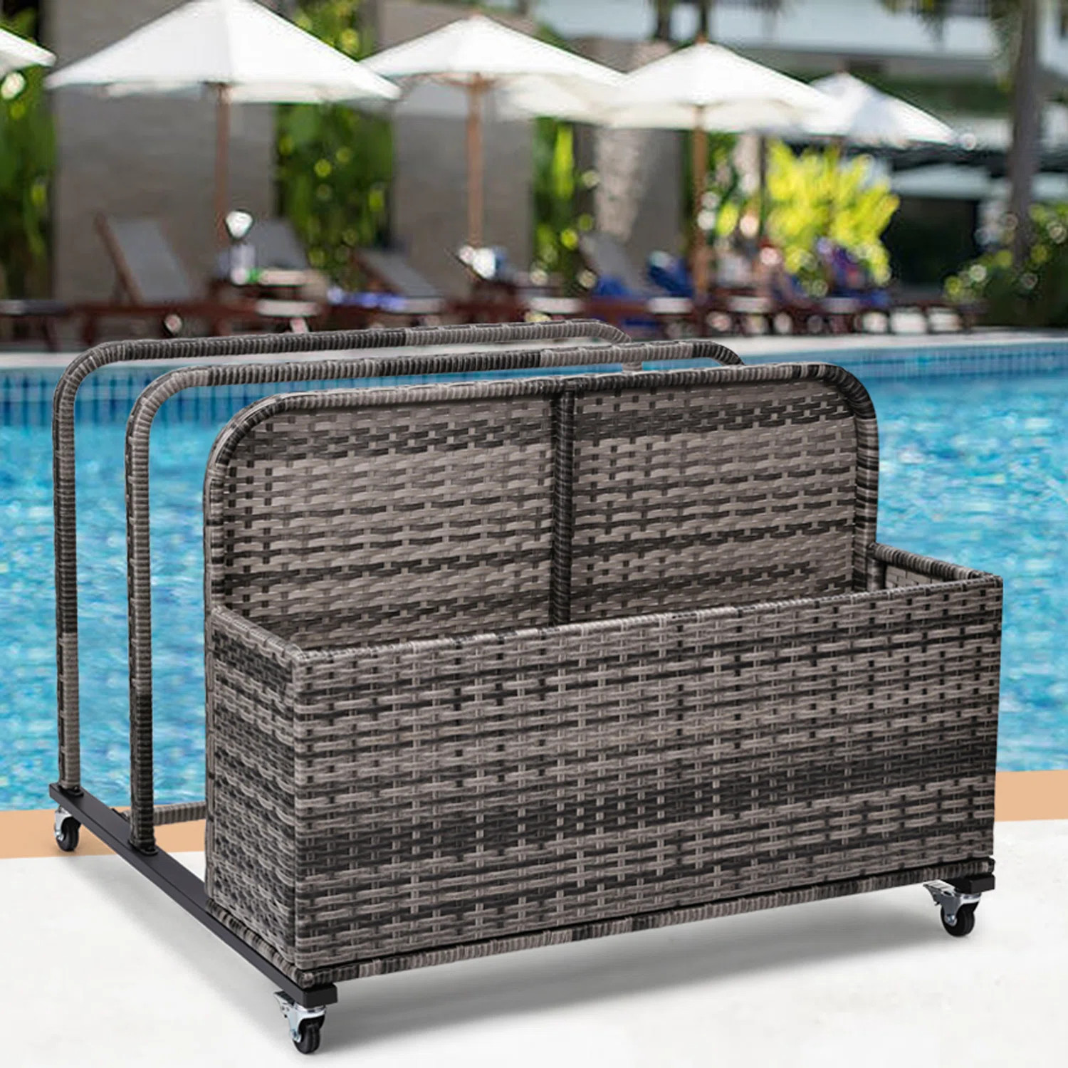 Poolside Float Storage Organizer, Pool Toy Storage Holder With Wicker Basket Outdoor Pool Float H... | Wayfair North America