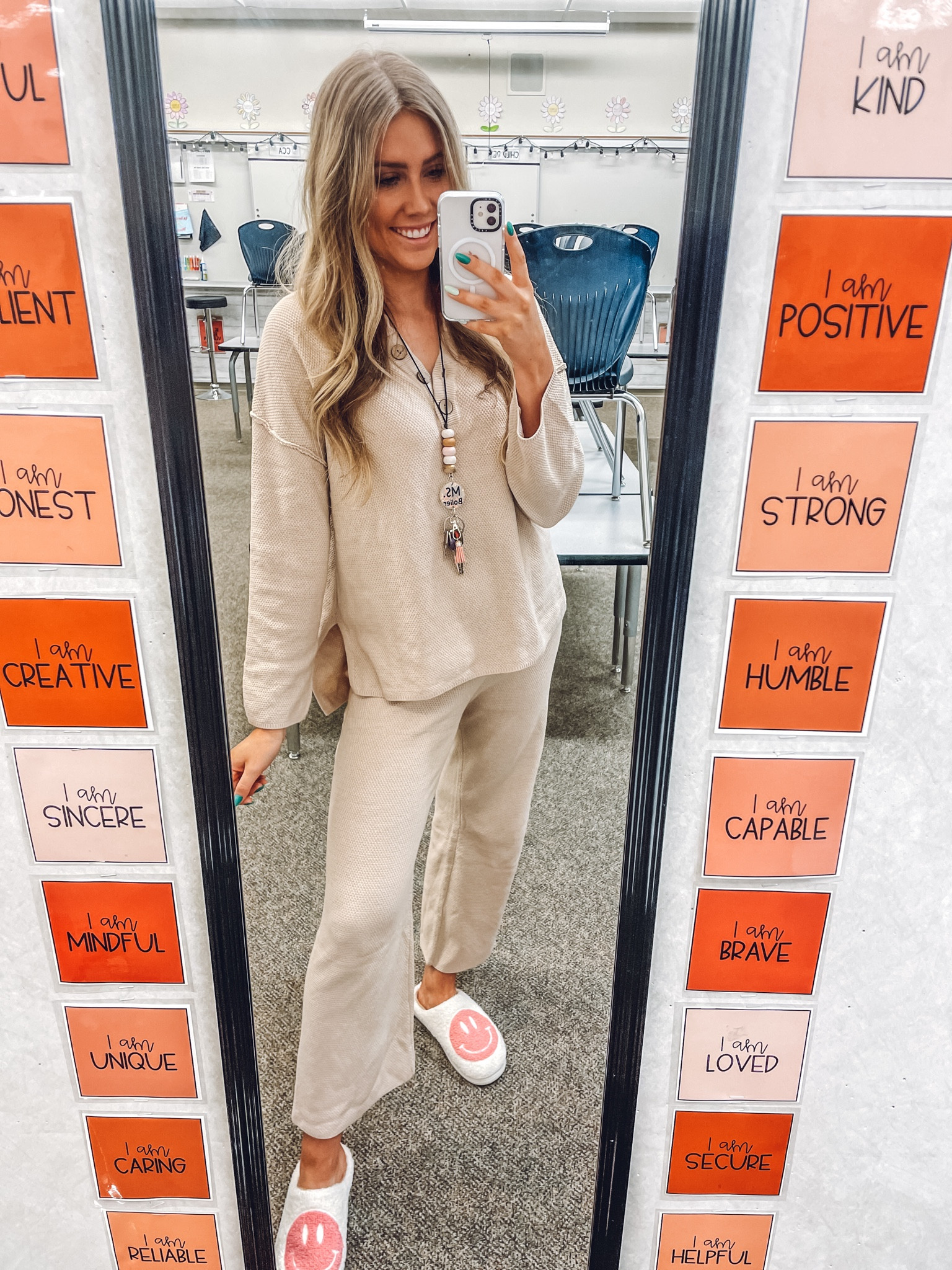 Teacher outfit for pajama comfy day!!
Smiley face slippers: true to size 
Lounge set: wearing usual size M

| teacher outfit | loungewear | amazon fashion | comfy outfit 

#LTKfindsunder100 #LTKfindsunder50