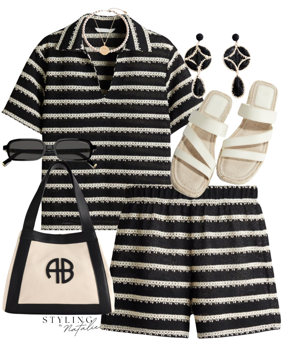 Summer co-ord set- Stripe shorts and shirt set, espadrille sandals, Anine Bing tote bag, Miu Miu sunglasses. Holiday outfit, vacation look, matching set, H&M, high street outfit.

#LTKstyletip #LTKuk #LTKsummer
