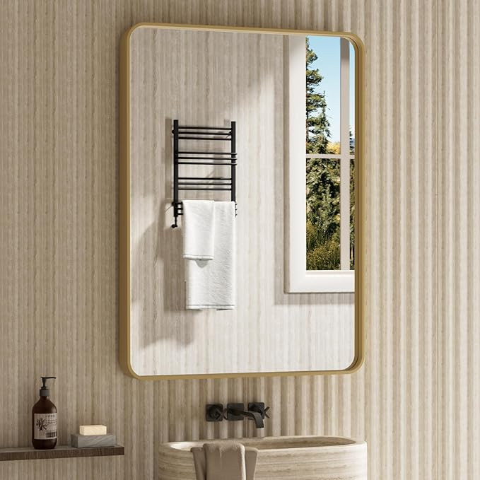 Brushed Gold Bathroom Mirror Wall Mounted Vanity Mirror with Rounded Corner Metal Framed, Tempere... | Amazon (US)