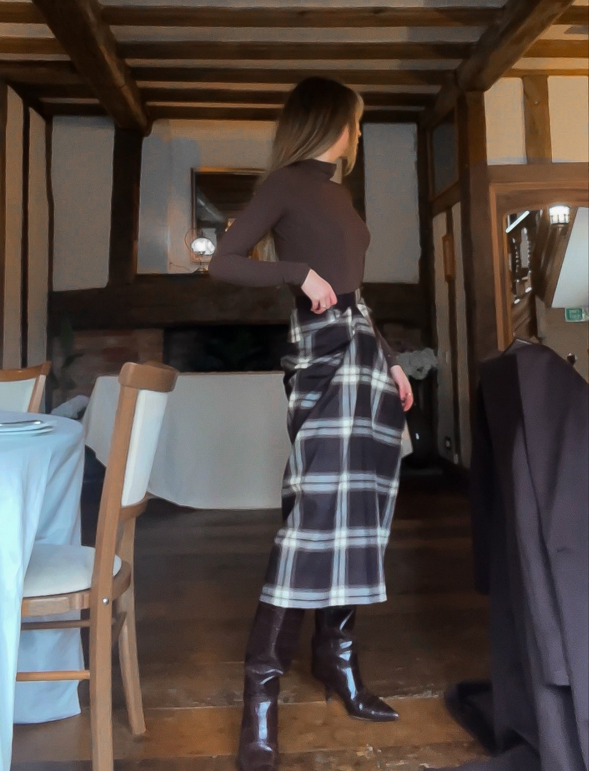 Winter outfit, check skirt, knee high boots, croc brown boots, brow boots, brown bodysuit, base layers, plaid skirt 

#LTKluxury #LTKwinter #LTKworkwear