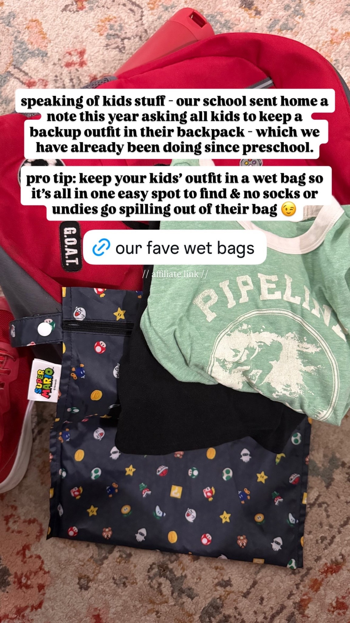 speaking of kids stuff - our school sent home a note this year asking all kids to keep a backup outfit in their backpack - which we have already been doing since preschool.

pro tip: keep your kids’ outfit in a wet bag so it’s all in one easy spot to find & no socks or undies go spilling out of their bag 😉 // affiliate link //