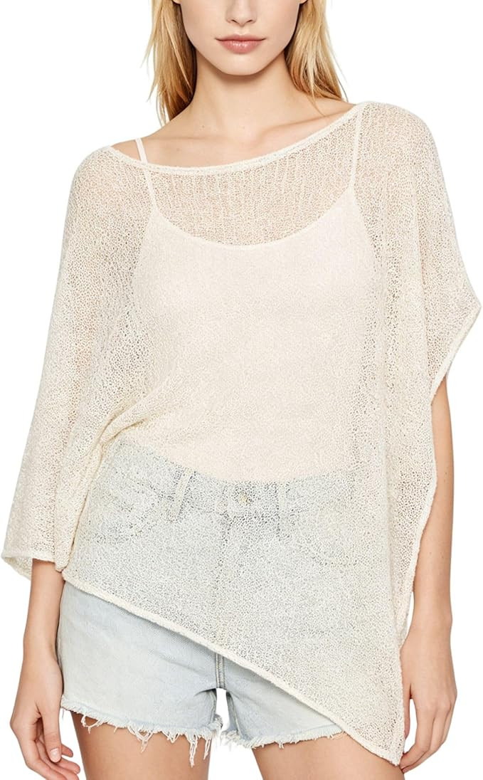 Chevara Women\u2019s Asymmetrical Knit Sweater Boat Neck Batwing Sleeve Loose Fit Sheer Poncho Cr... | Amazon (US)