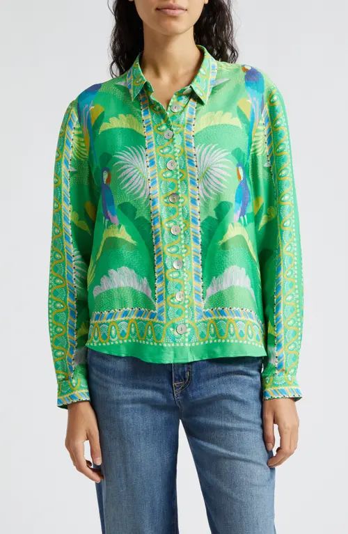 FARM Rio Macaw Scarf Print Button-Up Shirt in Macaw Scarf Green at Nordstrom, Size Xx-Small | Nordstrom