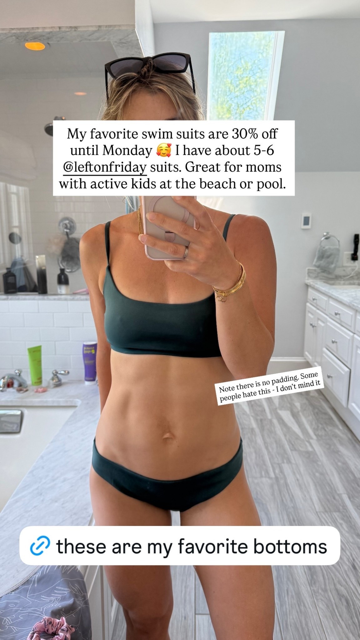 My favorite swim suits are 30% off until Monday 🥰 I have about 5-6 @leftonfriday suits. Great for moms with active kids at the beach or pool.  Note there is no padding. Some people hate this - I don’t mind it