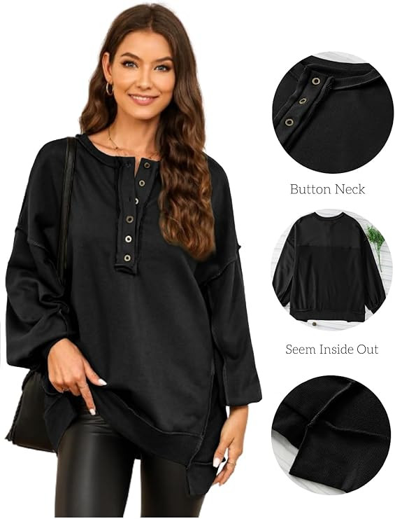 AlvaQ Women's Oversized Sweatshirt Casual Long Sleeve Button Henley Neck Pullover Tunic Tops Outf... | Amazon (US)