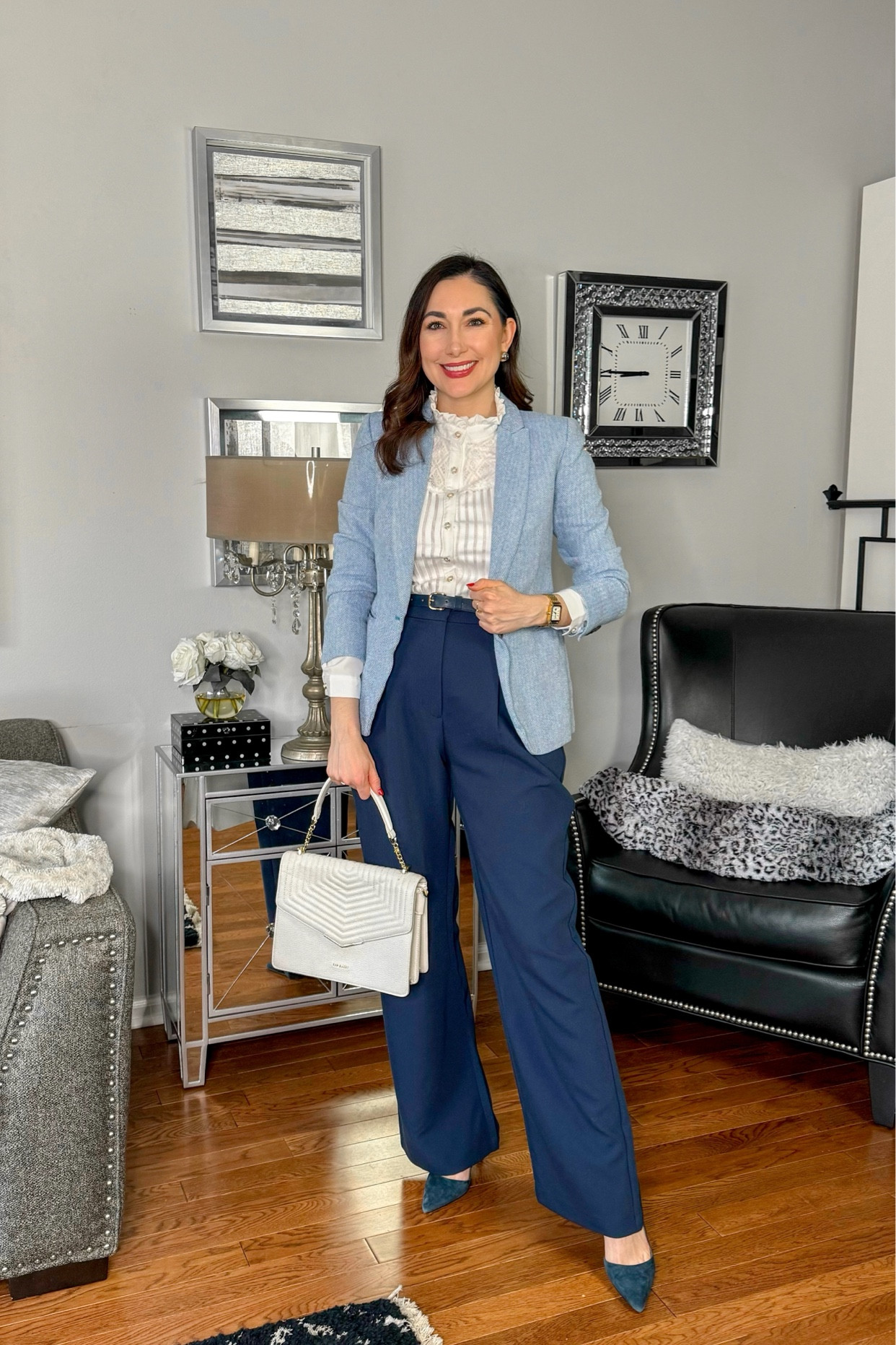 Business professional work outfit  💙

Herringbone blazer 
White blouse 
Navy wide leg pants 
Navy pointed toe heels 

Work wear 
Office outfit 
Interview outfit 

#LTKSaleAlert #LTKWorkwear #LTKStyleTip