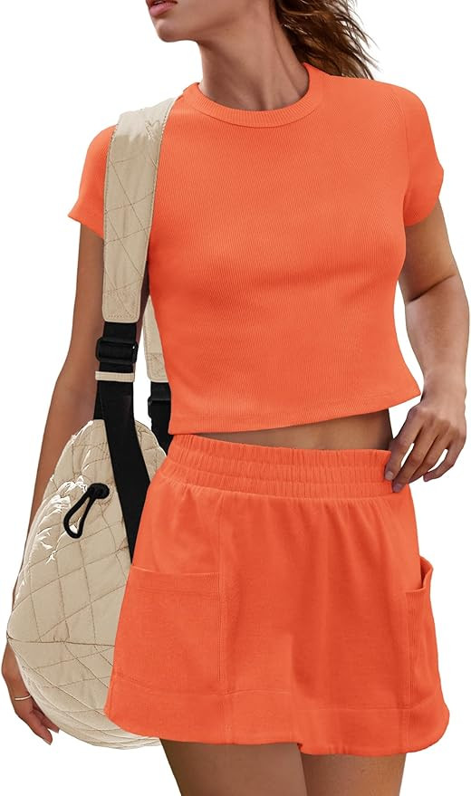 Womens Skort Sets 2 Piece Outfits Ribbed Short Sleeve Tops and Skirt with Shorts Underneath Summe... | Amazon (US)