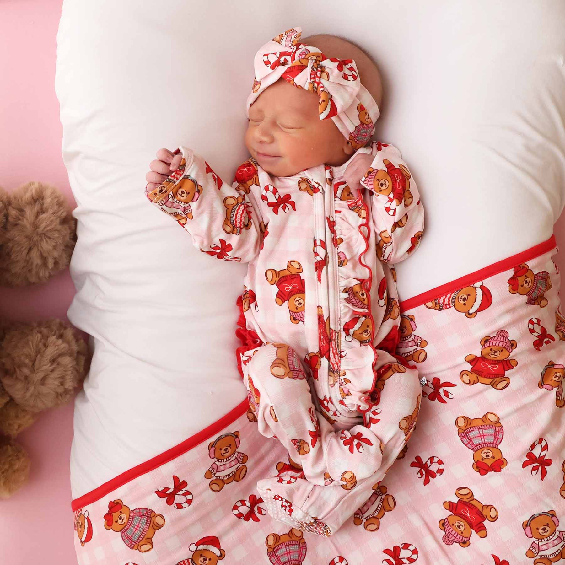 Beary Christmas Ruffle Zipper Footie | Pink | Caden Lane