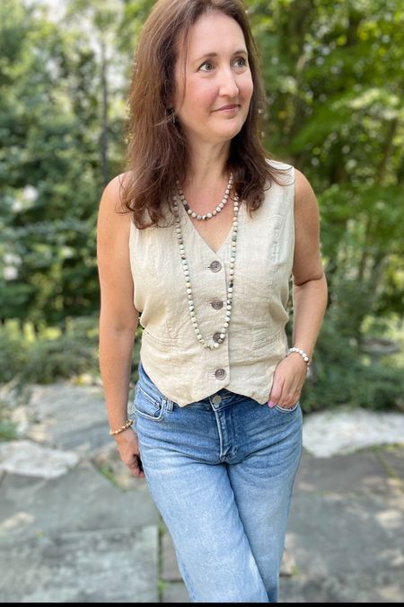 Casual and chic with this suit vest and denim.  Pair it with a triple strand necklace.  Use code BF20 for 20% off at Erin McDermott jewelry 

#LTKmidsize #LTKstyletip #LTKtravel