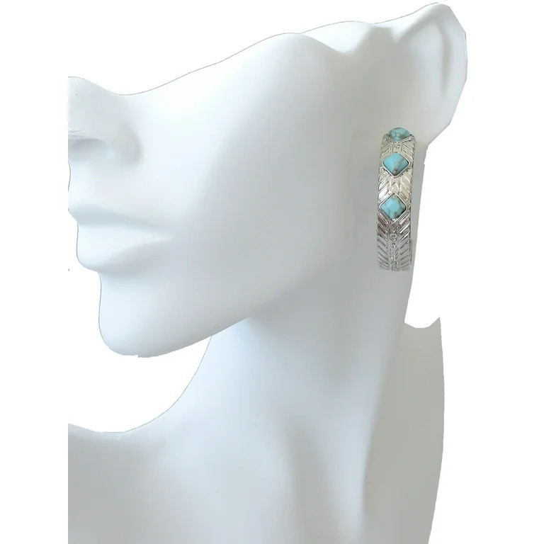 Time and Tru Women's Turquosie Sky 3 Stone Etched Silver Hoop Earring | Walmart (US)
