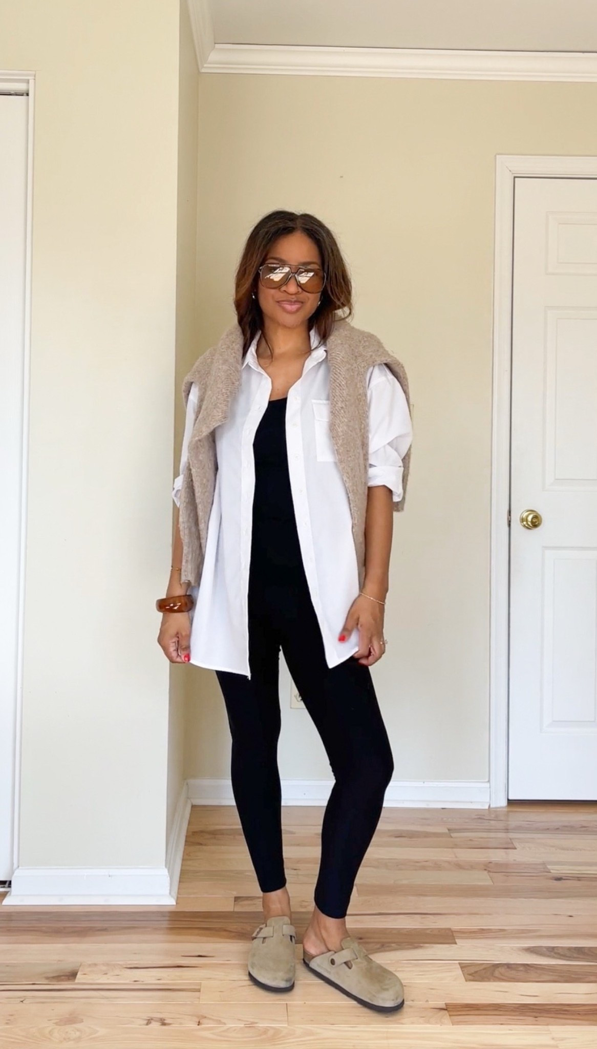 Linking similar oversized white button down tops, small in sweater (linking similar) small regular in leggings. Birks I s sized down 1/2 size. Linking similar glasses 

#LTKOver40 #LTKgrwm #LTKootd