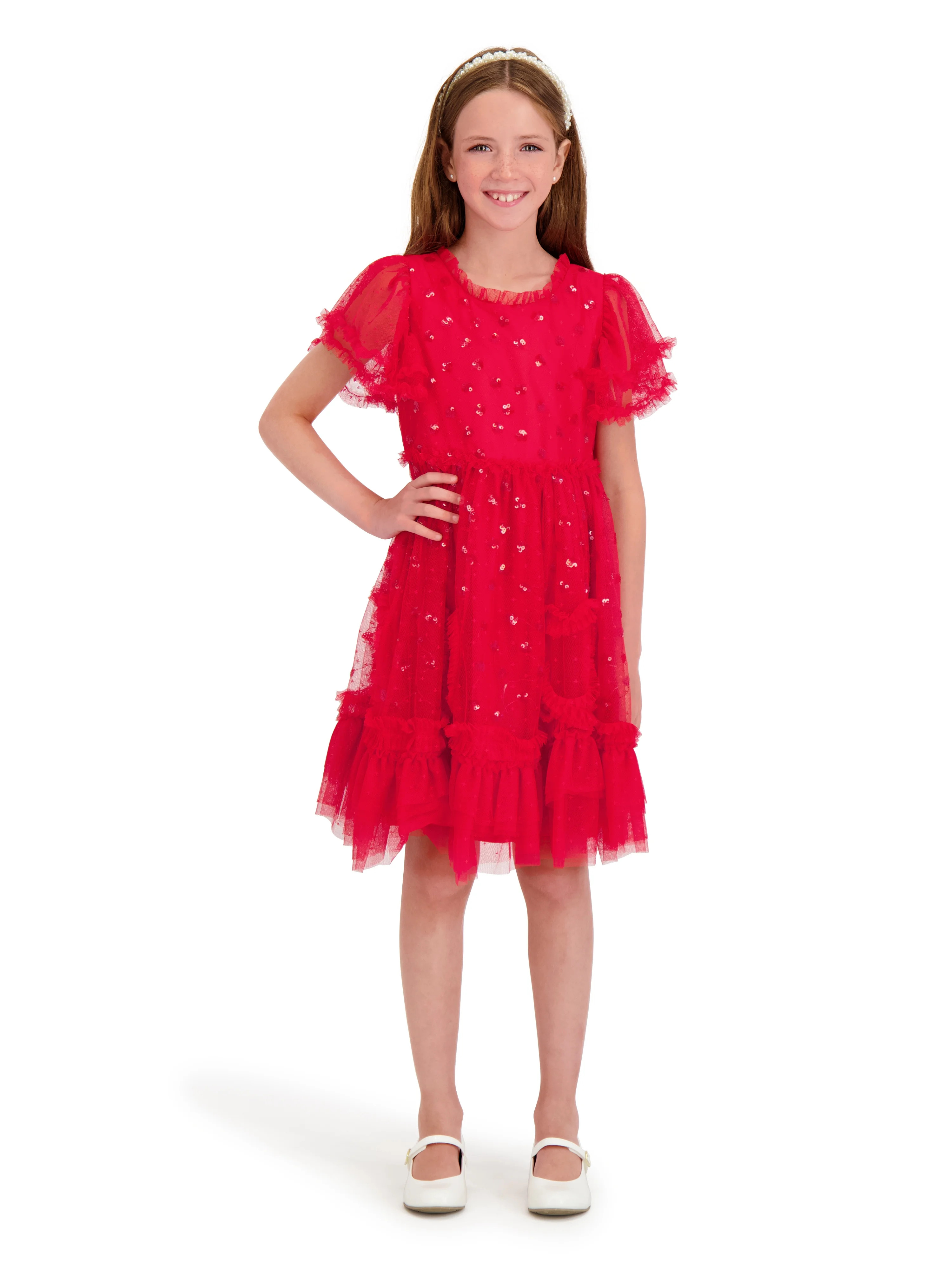 Kensie Girl Sequin Mesh Short Sleeve Red Dress, Sizes 4-16 | Walmart (US)