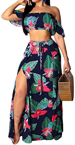 SxClub Women's Beach Dress 2 Piece Off Shoulder Top Long Maxi Skirt Sets | Amazon (US)