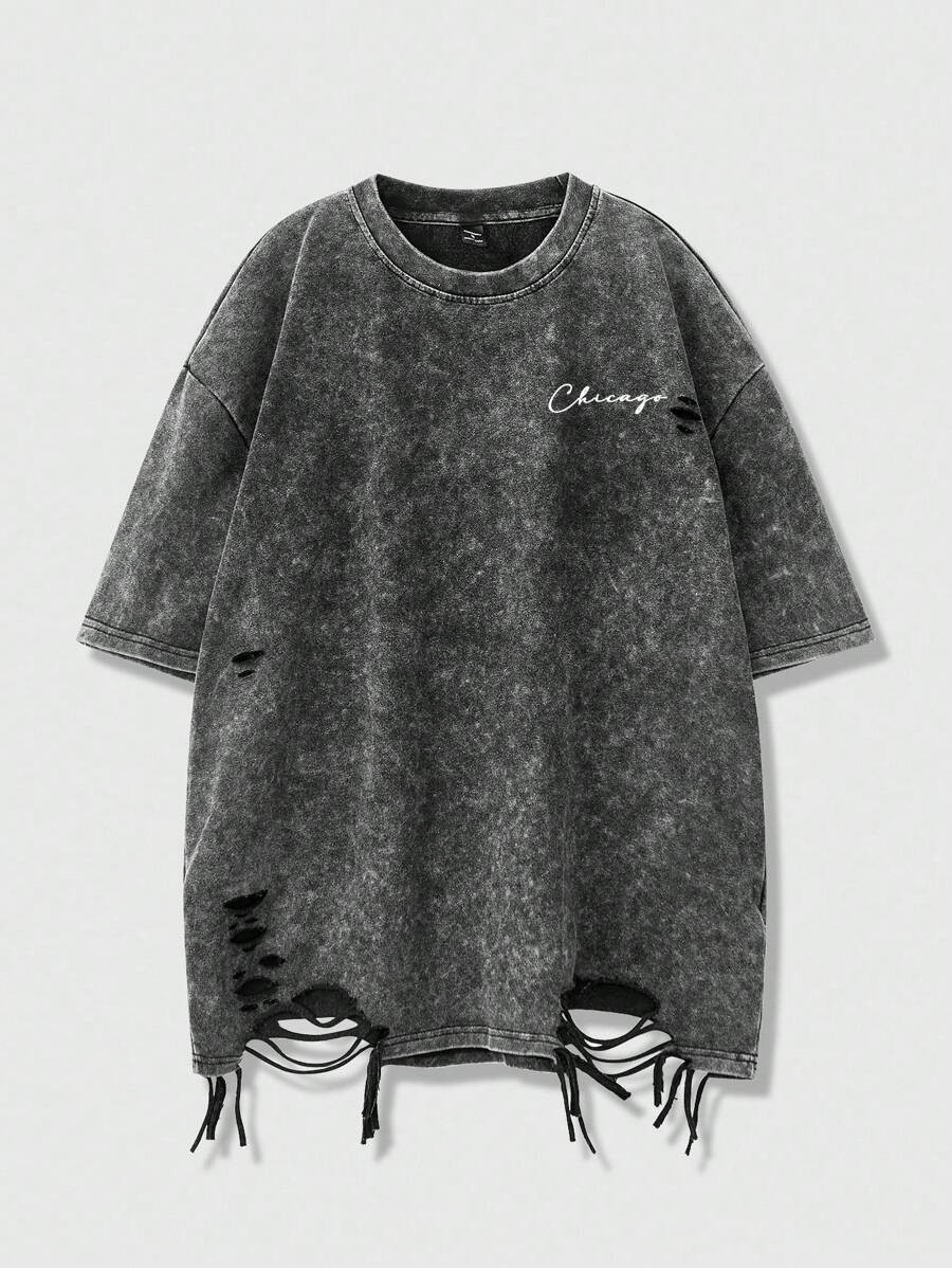 Manfinity EMRG Men's Letter Print Round Neck Ripped Short Sleeve T-Shirt, Summer Distressed T-Shi... | SHEIN