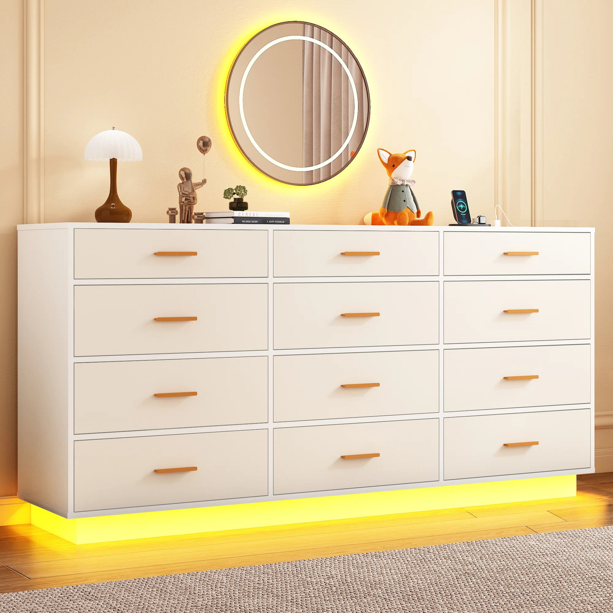 12 Drawer Dresser With LED Lights and Charging Station For Bedroom, Living Room, Entryway, and Hallway | Wayfair North America
