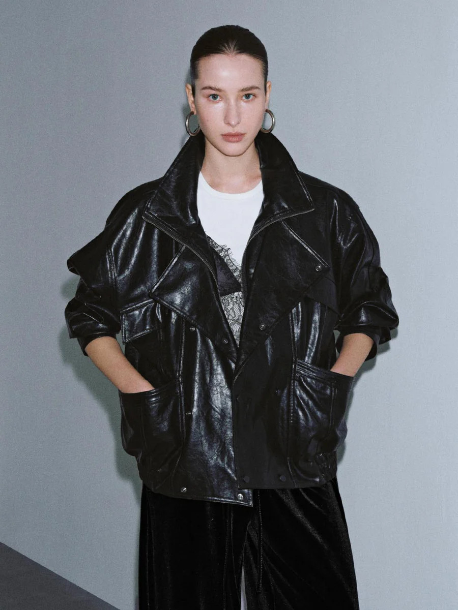 Faux Leather Double Breasted Loose Fit Jackets | Urban Revivo