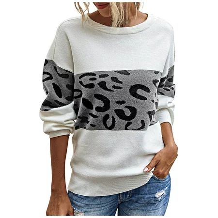 Leopard Sweater Ladies Round Neck Fashion Print Comfortable Long Sleeve Sweater Top A Women Fashion  | Walmart (US)