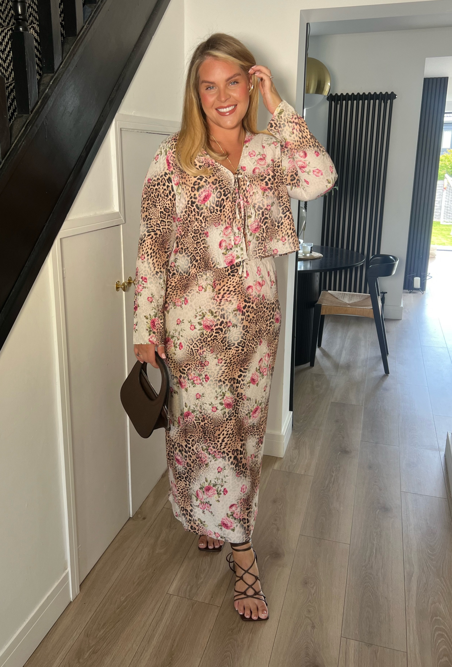 Brunch outfit. Leopard print. Co ord. date night outfit. Midsize style. Satin skirt. Slip skirt. Tie front top. 

#LTKcurves #LTKstyletip #LTKmidsize