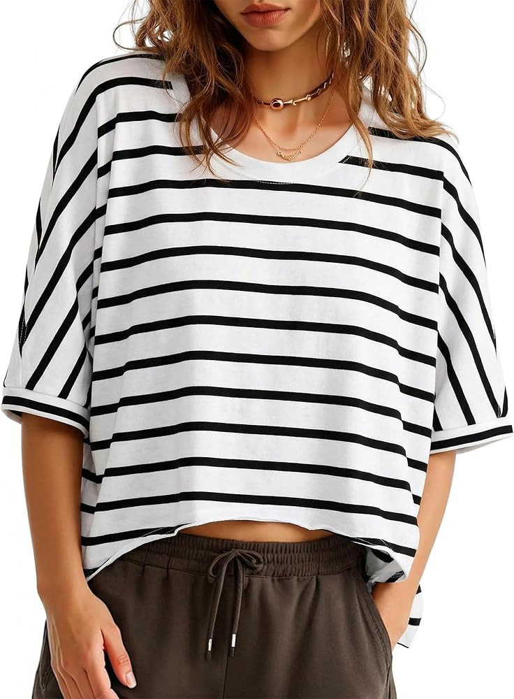 Tankaneo Womens Oversized T-Shirts Cropped Summer Casual Short Sleeve Loose Fit Tee Tops | Amazon (US)