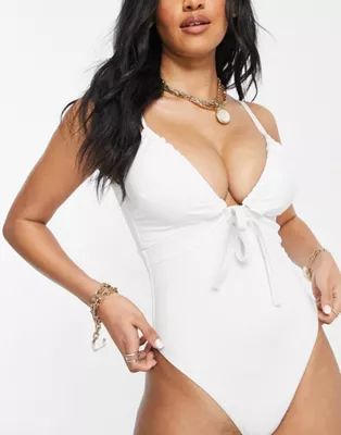ASOS DESIGN fuller bust recycled ruched tie swimsuit in white | ASOS (Global)
