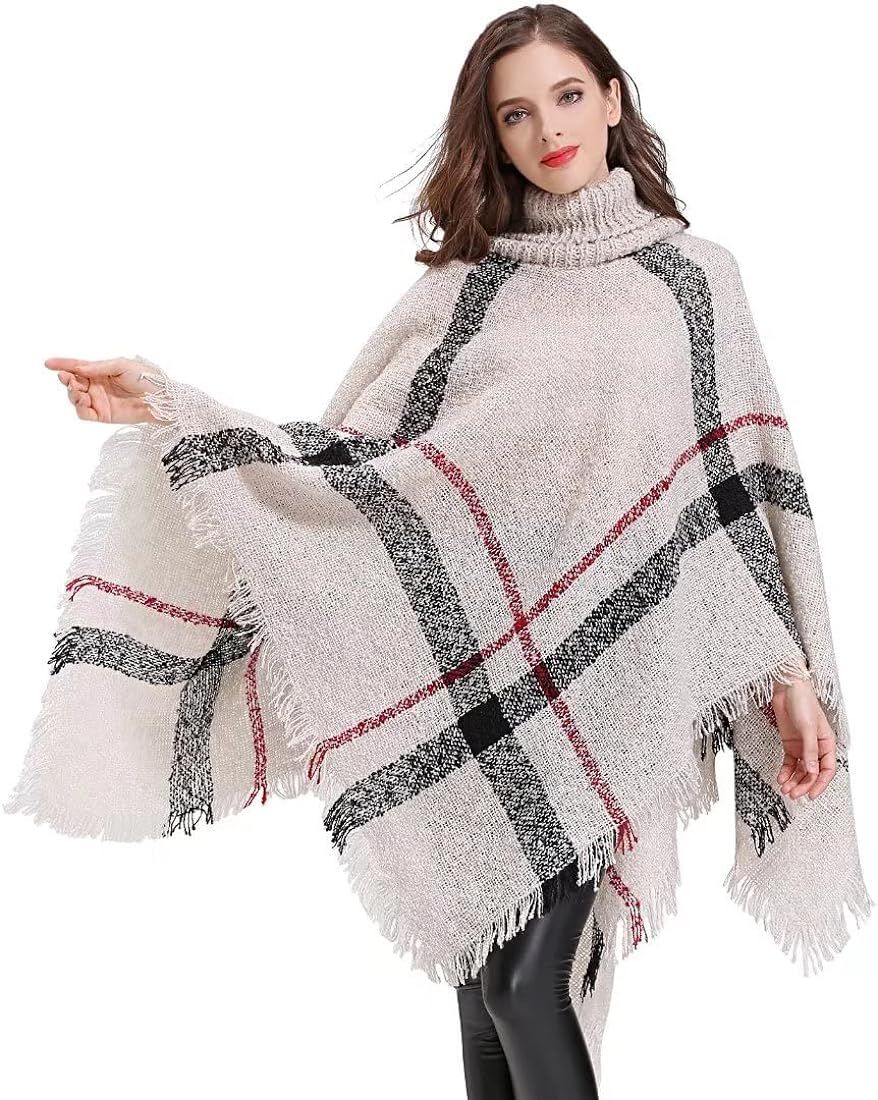 HITOP Womens Dress Ponchos, Boho Loose Tassel Plaid Poncho Turtleneck Jumper Knit Oversized Pullover | Amazon (US)