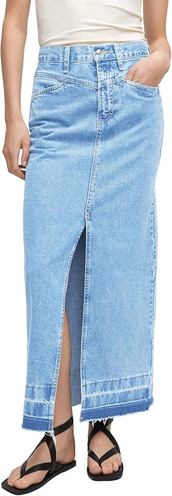 Wenrine Women's High Waisted Denim Skirts Frayed Hem Front Split Jean Maxi Skirt with Pockets | Amazon (US)