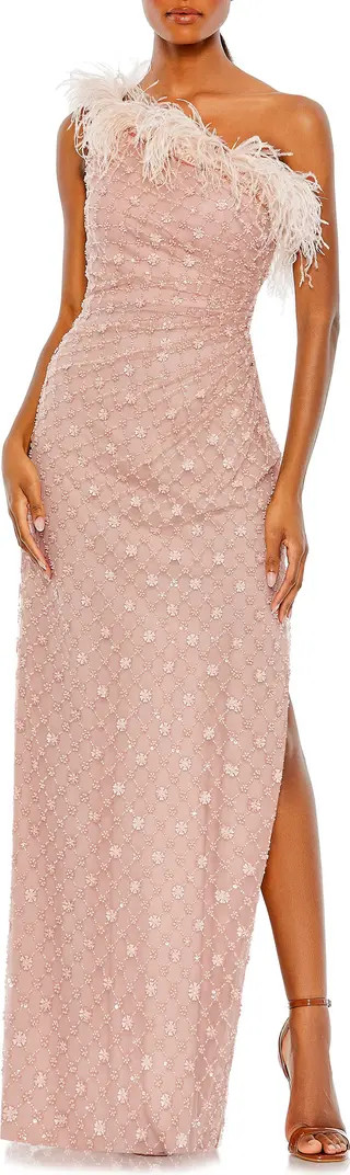 Mac Duggal Floral Sequin Feather Trim One-Shoulder Sheath Gown | Nordstrom | Nordstrom