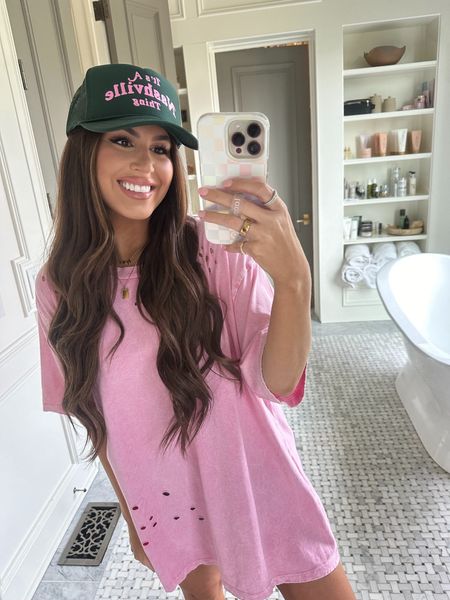 Graphic tee 
Trucker hat

Nashville trucker hat, pink graphic tshirt, distressed tshirt, spring style, oversized tee 

#LTKfindsunder100 #LTKstyletip