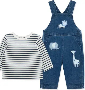 Safari Embroidered Overalls & Stripe Shirt Set | Nordstrom
