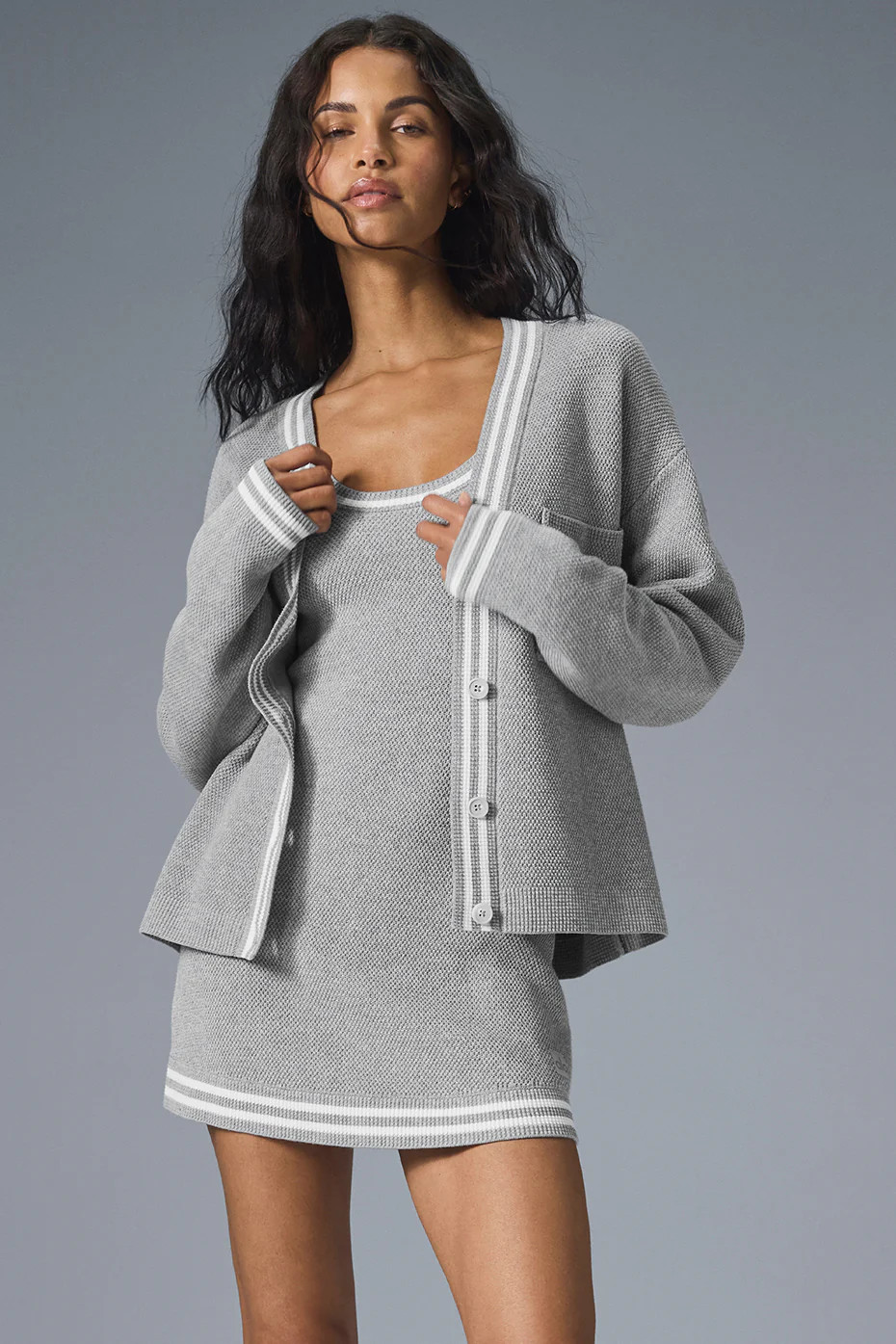 Alo YogaÂ® | Tennis Club Sweater Knit Cardigan Top in Athletic Heather Grey/White, Size: Large | Alo Yoga (US)