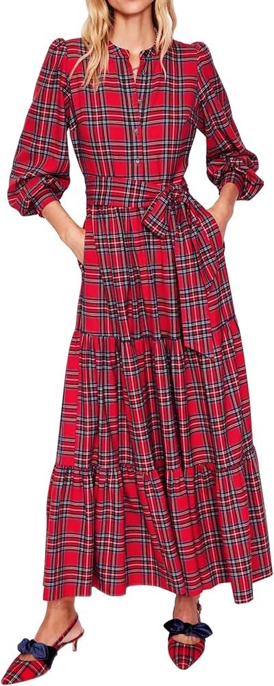Women's Plaid Maxi Dress Button Up Tiered Ruffle Flowy Check Dresses Chirstmas Tartan Long Dress ... | Amazon (US)