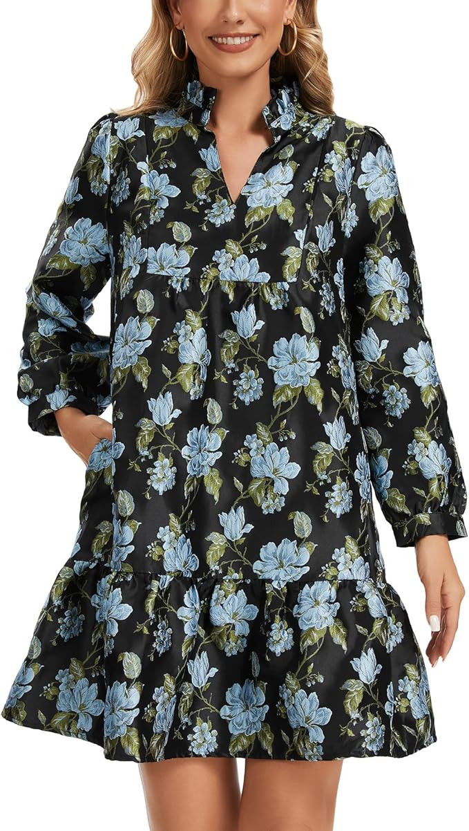 Women Jacquard Mini Dress Long Sleeve Ruffle V Neck Tiered Tunic Shift Floral Party Short Dresses | Amazon (US)