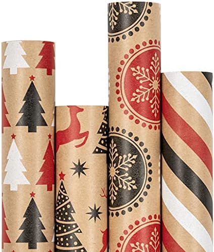 RUSPEPA Christmas Wrapping Paper, Kraft Paper - Reindeer, Stripe and Christmas Tree - 4 Rolls - 3... | Amazon (US)