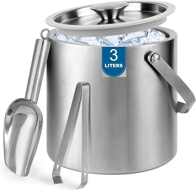 Portable Ice Buckets for Parties 3 Liter Double-Wall Ice Buckets with Lid,Scoop,Tongs,Handle -Sta... | Amazon (US)