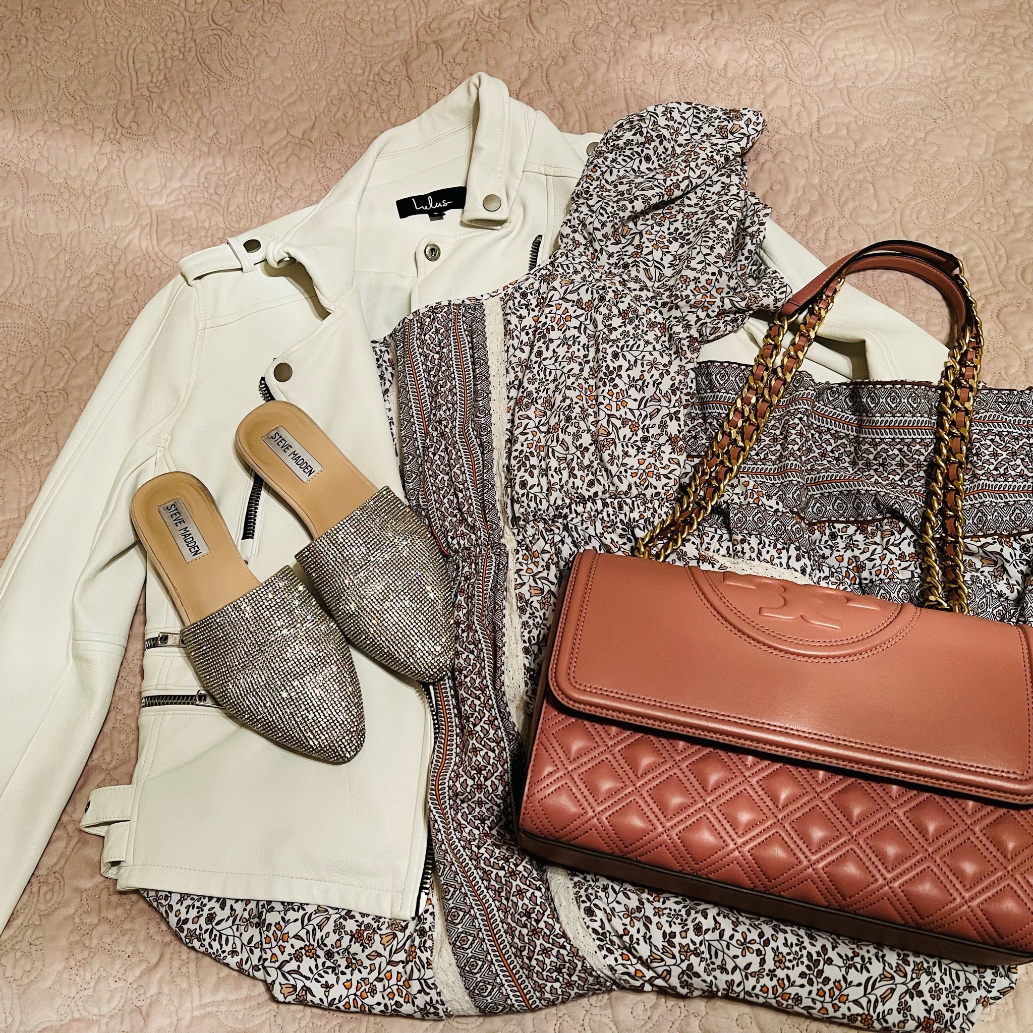 Fall transition outfit. White leather jacket, original from lulus- linked similar. White maxi dress from Rose & Remington- linked a similar. Steve Madden flats, sizes 6-12 in stock tts. Size 7 pictured. Tory Burch Fleming shoulder bag. I love this bag so much. Great quality, goes w everything. Blush color  pictured. Bag also gives a nice ooo of color to neutral outfit  

#LTKitbag #LTKshoecrush #LTKSeasonal