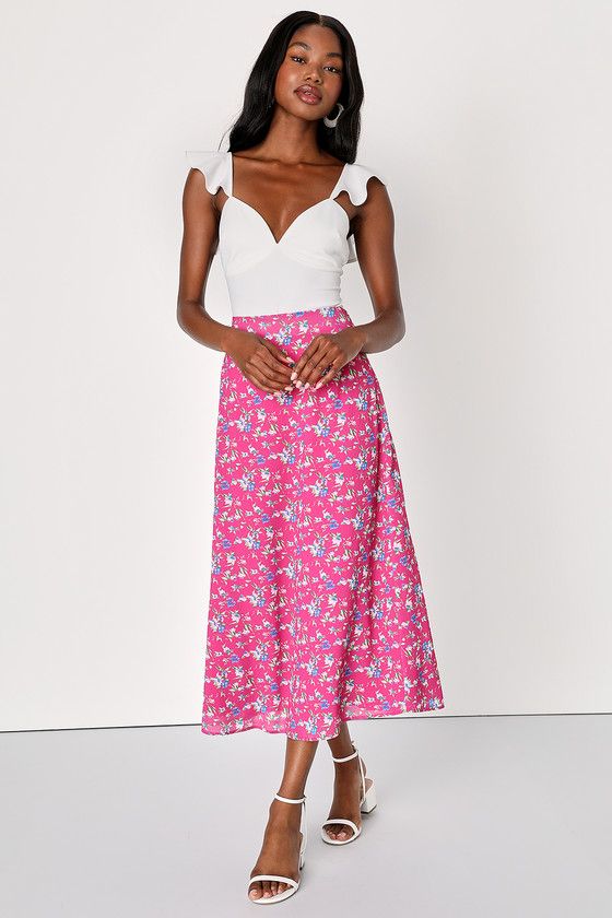 Simple Happiness Hot Pink Floral Print High-Rise Midi Skirt | Lulus