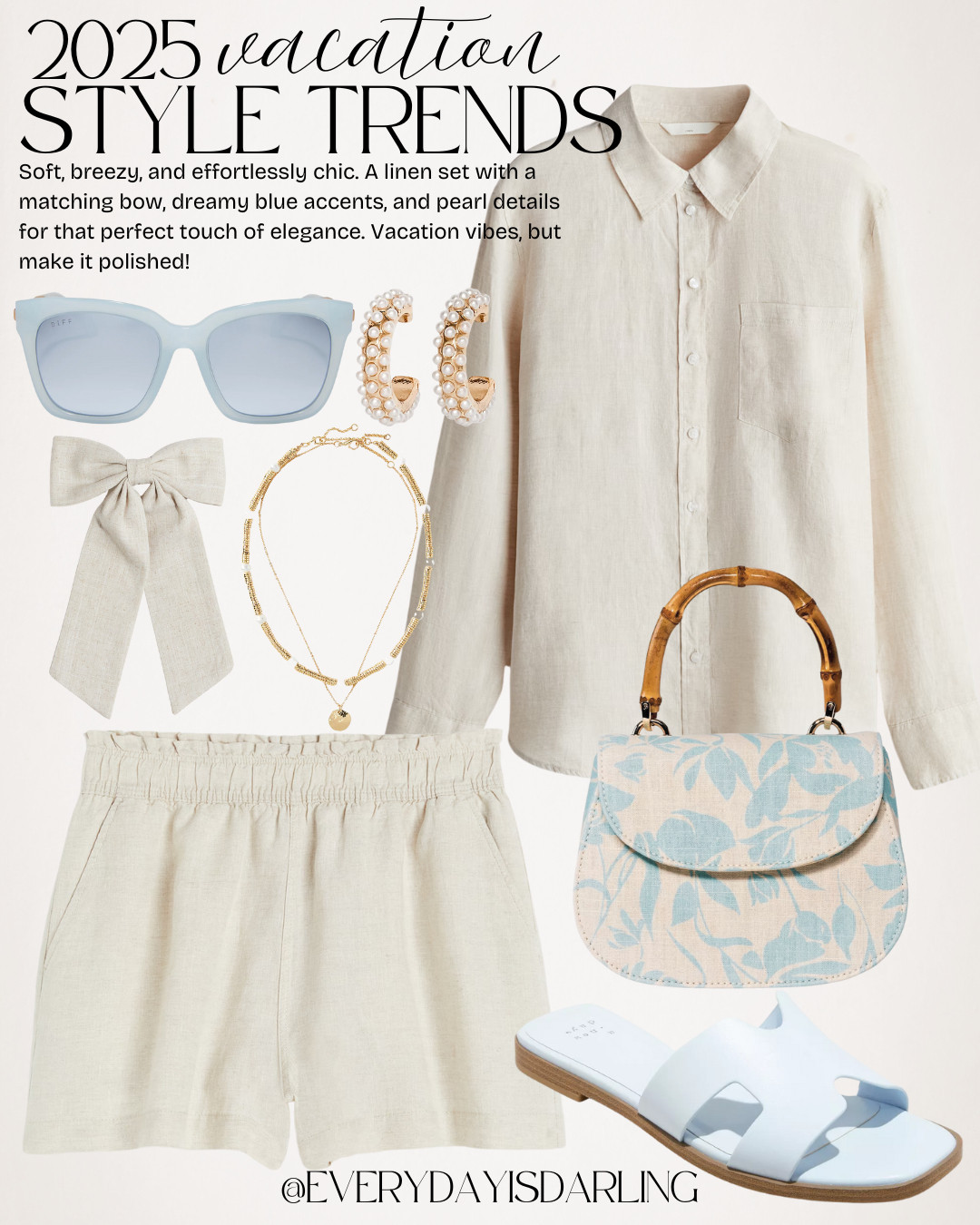 Soft, breezy, and effortlessly chic ✨ A linen set with a matching bow, dreamy blue accents, and pearl details for that perfect touch of elegance. Vacation vibes, but make it polished! 💙  

Summer style  resort wear  linen set  matching set  everydayisdarling 

 #CoastalChic #EffortlessElegance #LTKStyleTip #LTKTravel #LTKBump
