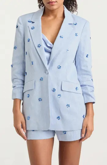 Cinq à Sept Kylie Floral Appliqué Linen & Cotton Blazer in Blue Hydrangea at Nordstrom Rack, Size 2 | Nordstrom Rack