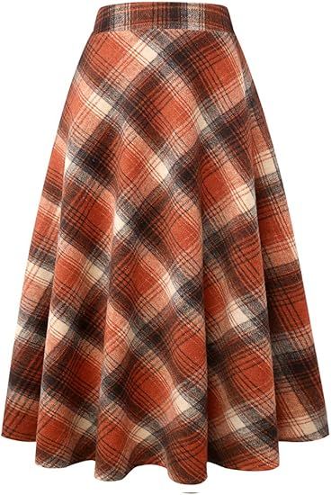 IDEALSANXUN Womens High Elastic Waist Maxi Skirt A-line Plaid Winter Warm Flare Long Skirt | Amazon (US)