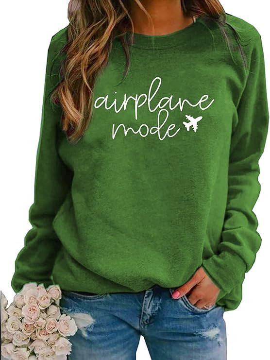 Women Airplane Mode Sweatshirt Funny Letter Print Travel Tops Casual Long Sleeve Pullover Top | Amazon (US)