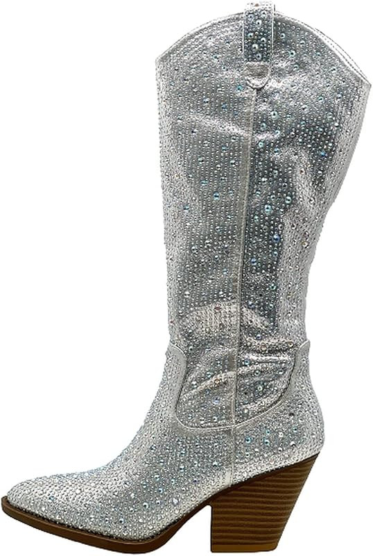 Forever Women Rhinestone Western Cowboy Pointed Toe Knee High Pull-on Boots | Amazon (US)