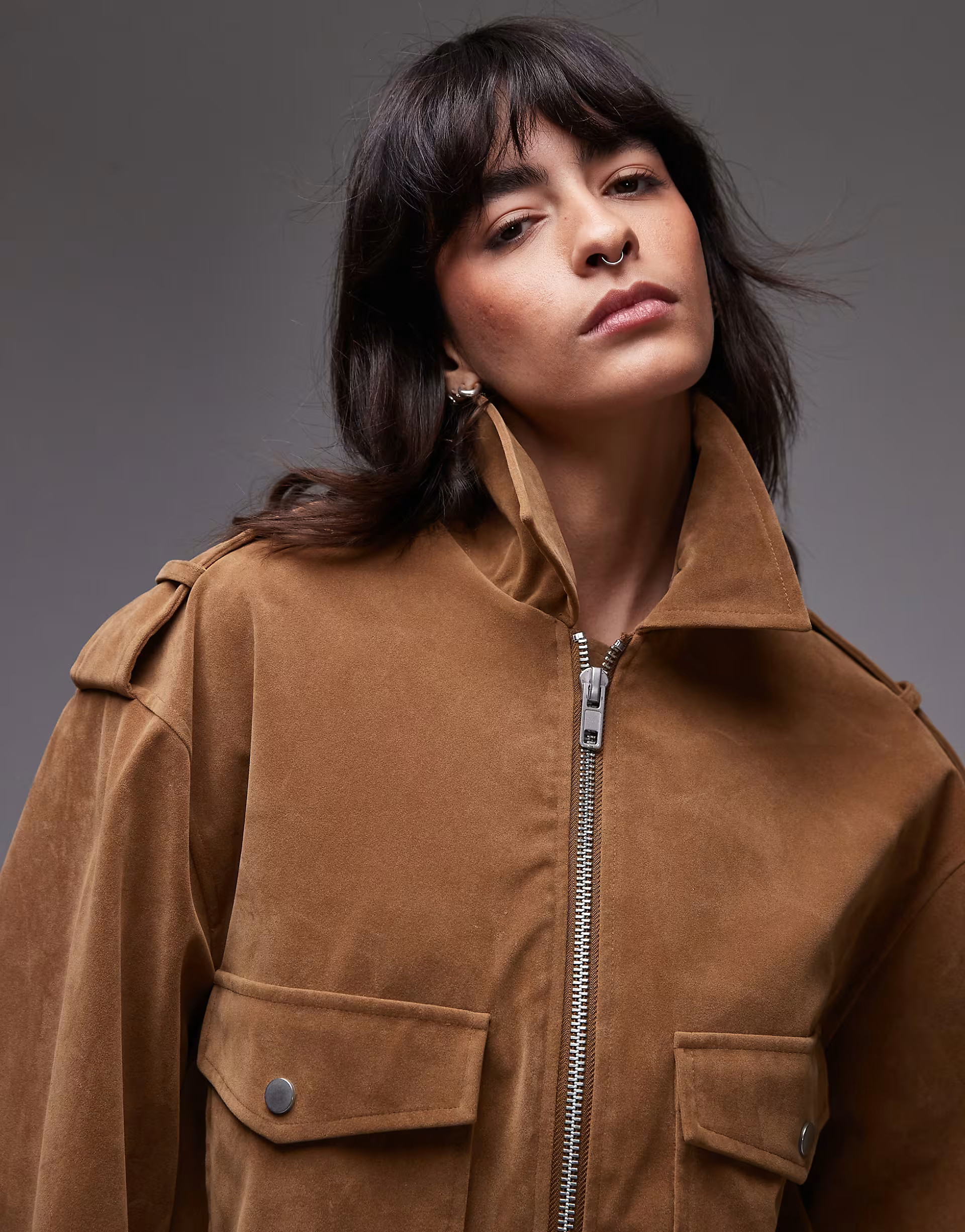 Topshop cropped faux suede bomber jacket with popper details in camel | ASOS (Global)