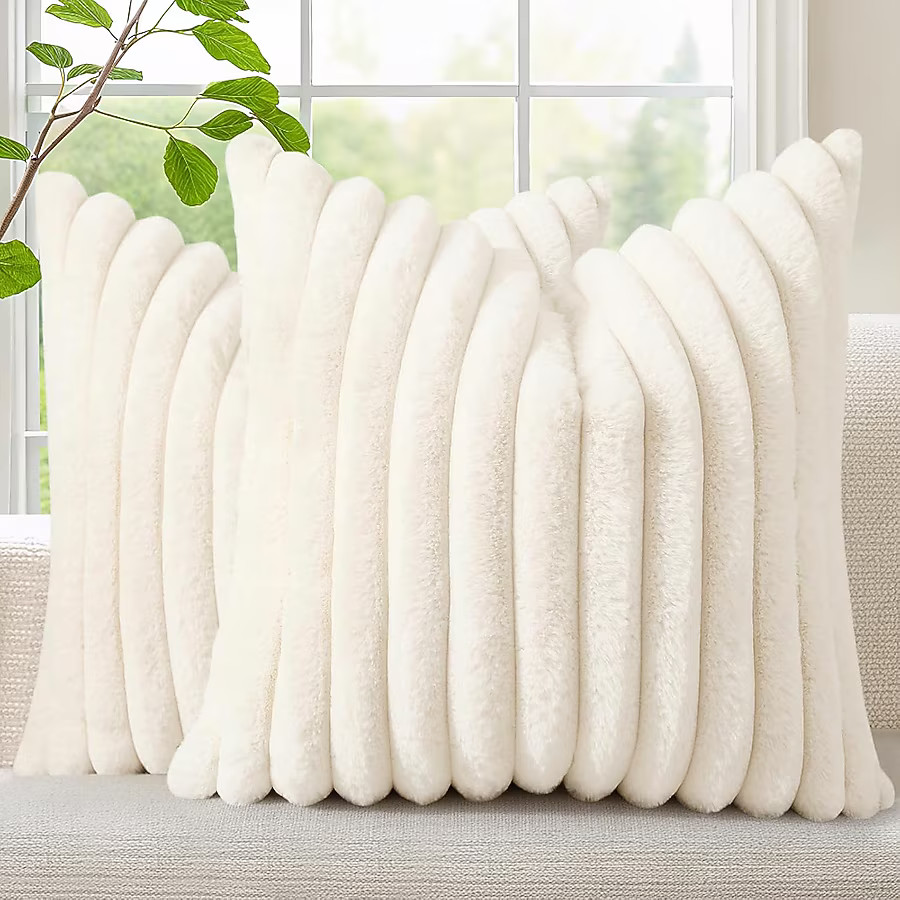 DecorUHome  18x18 Inch Faux Fur Pillow Cover Set of 2 Cream White Striped Soft Plush with Velvet ... | Lowe's