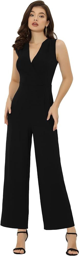 Amazon.com: Allegra K Women's Elegant Jumpsuit V Neck Wrap Front High Waist Wide Leg Long Pants J... | Amazon (US)