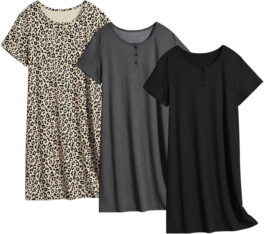 Ekouaer 3 Pack Nightgowns for Women Sleepwear Short Sleeve Sleep Shirts Tee Plain/Print Nightshir... | Amazon (US)