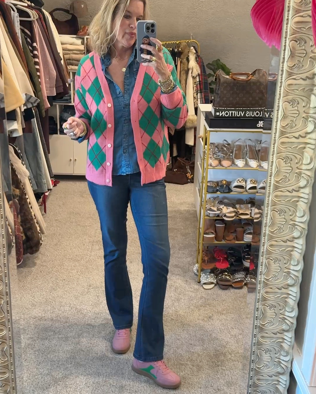 OOTD-
What I wore yesterday, helped at school, ran some errands and took mom to an early dinner. 

A go to pair of jeans Wit& Wisdom fit tts I am in a 4 
Flattering and alongate the leg under $100 

Amazon find Pink and green Argyle cardigan Sweater-pretty and on trend fits tts in a med 

Denim Chambrey button up shirt 
Old by Chicos tts will link some of my other favorites 

Julie Vos earring and rings 

Amazon find gold beaded bracelets 2 stacks 

Pink & Grenn sneakers comfy and so cute 



#LTKdayinmylife #LTKootd #LTKgrwm