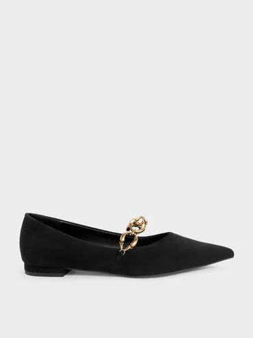 Black Textured Faux Suede Metallic-Accent Ballet Flats | CHARLES & KEITH | Charles & Keith US