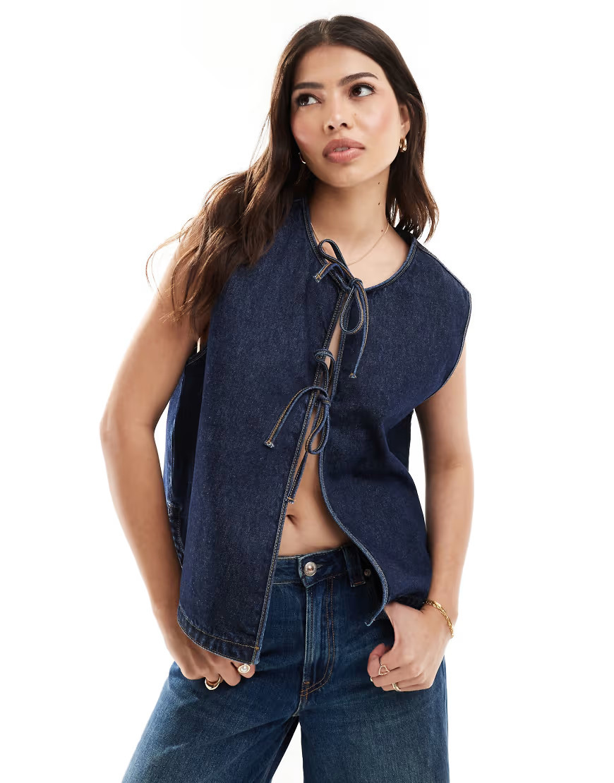 ASOS DESIGN denim vest with ties in indigo-Blue | ASOS (Global)