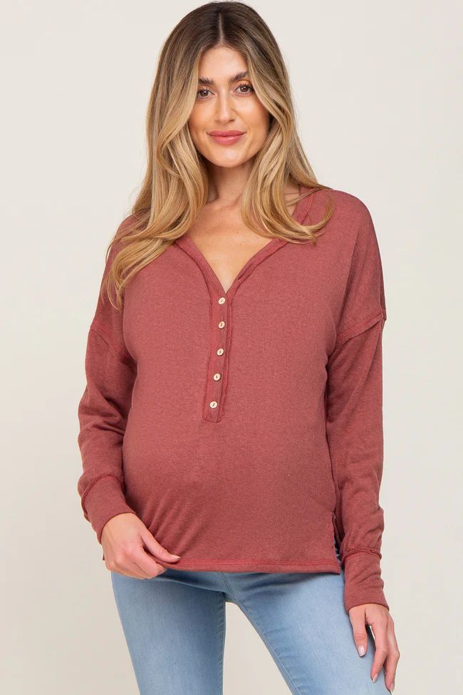 Rust Button Front Terry Long Sleeve Maternity Top | PinkBlush Maternity
